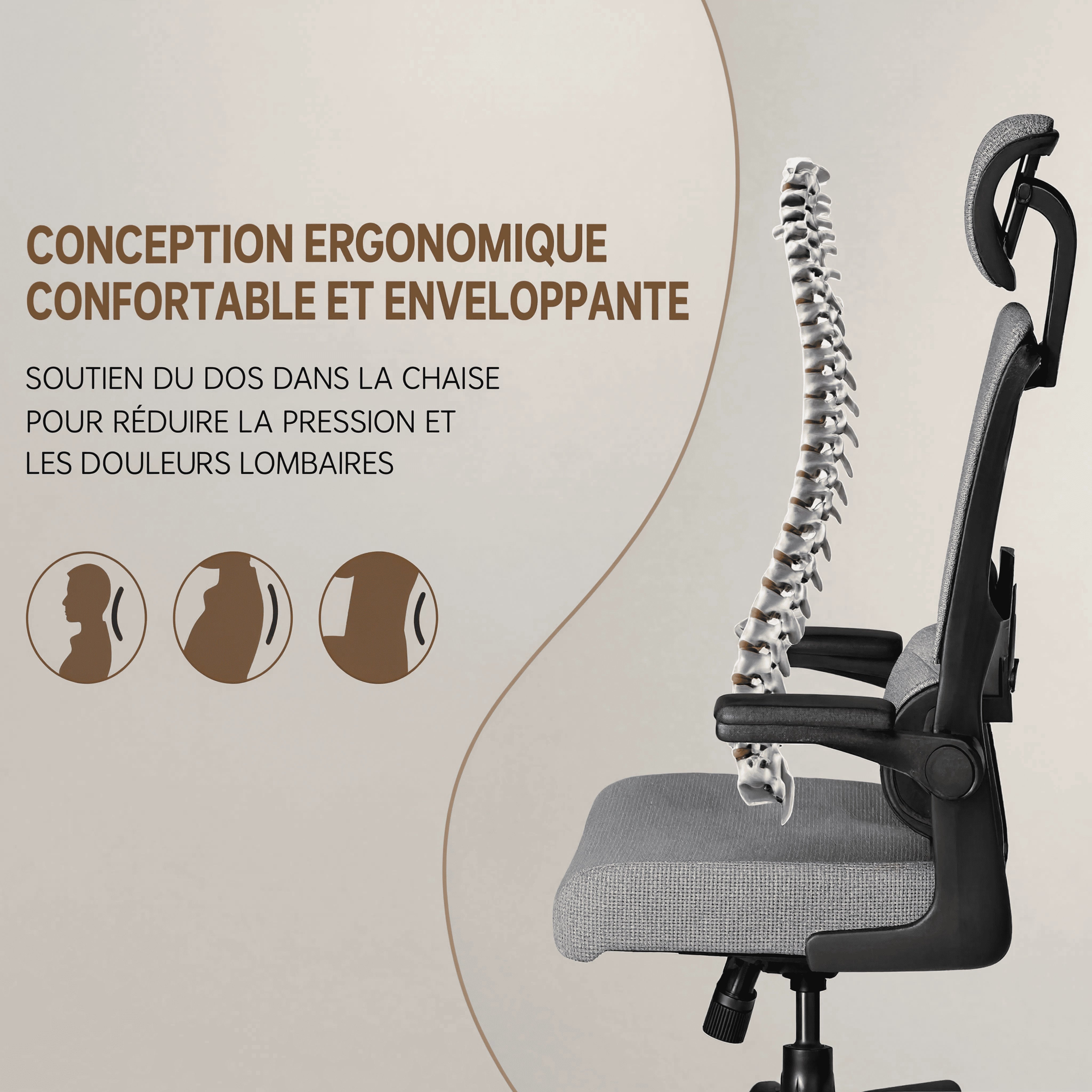 PAUSE | Chaise de Bureau Ergonomique Design - Support Lombaires, Appui-tête Réglable & Accoudoirs Rabattables