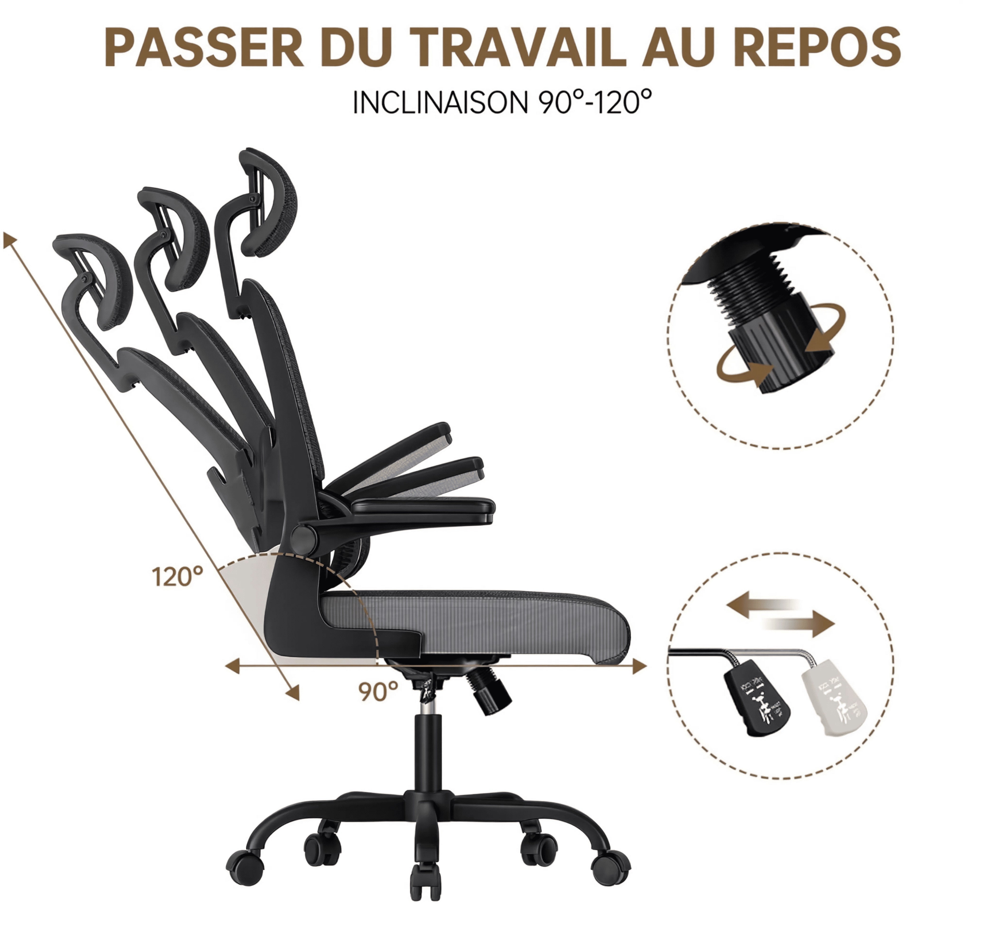 PAUSE | Chaise de Bureau Ergonomique Design - Support Lombaires, Appui-tête Réglable & Accoudoirs Rabattables