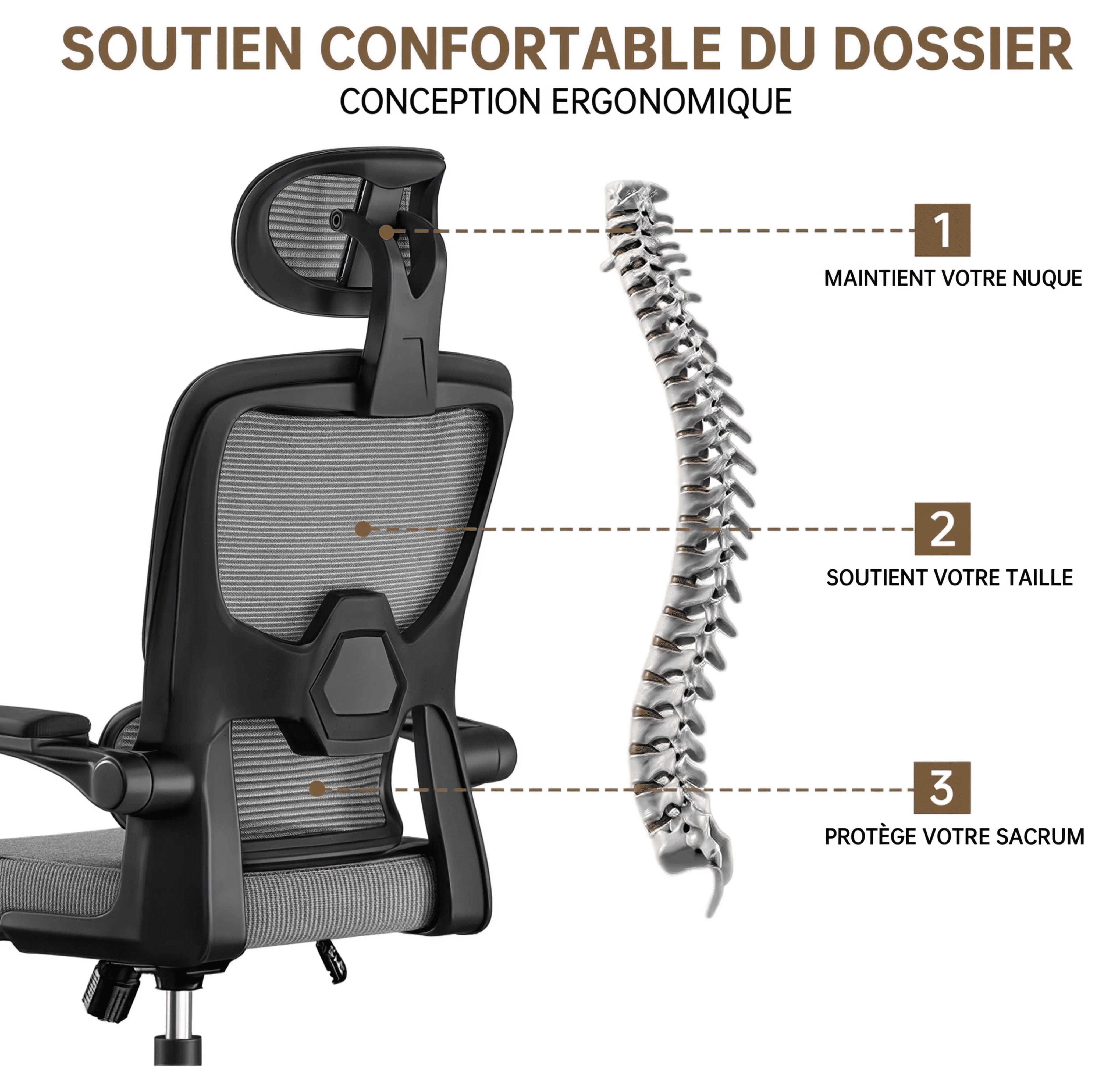PAUSE | Chaise de Bureau Ergonomique Design - Support Lombaires, Appui-tête Réglable & Accoudoirs Rabattables