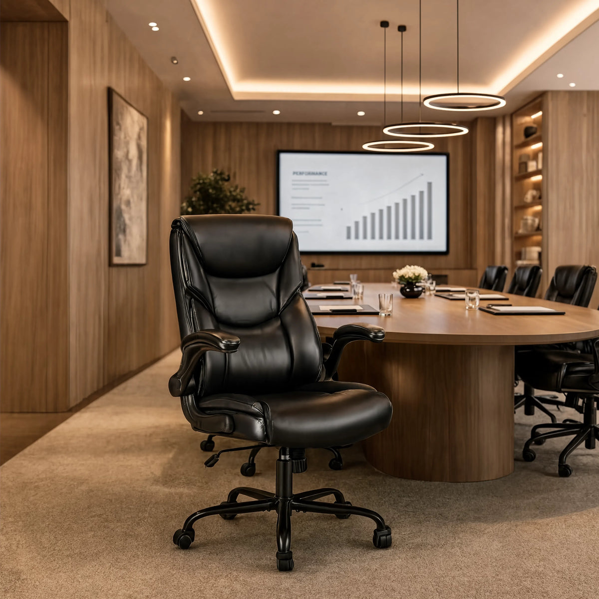 Fauteuil PRESTANCE en simili cuir autour d'une table de réunion, vue d'ensemble